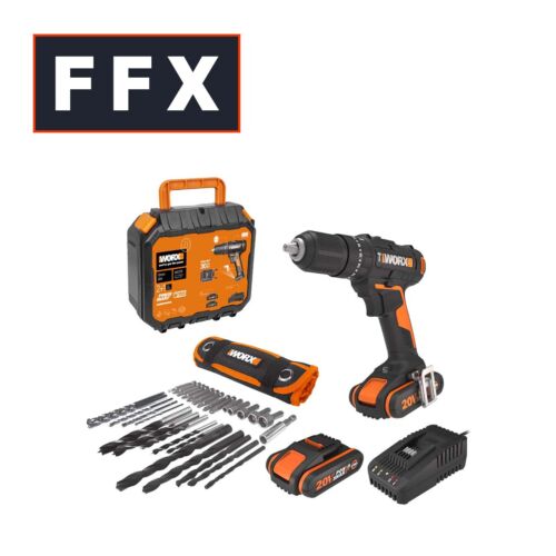 WORX WX370 20V 2x 2Ah Cordless Combi Drill Fast Charger Case 30pc Set New Model - Picture 1 of 3
