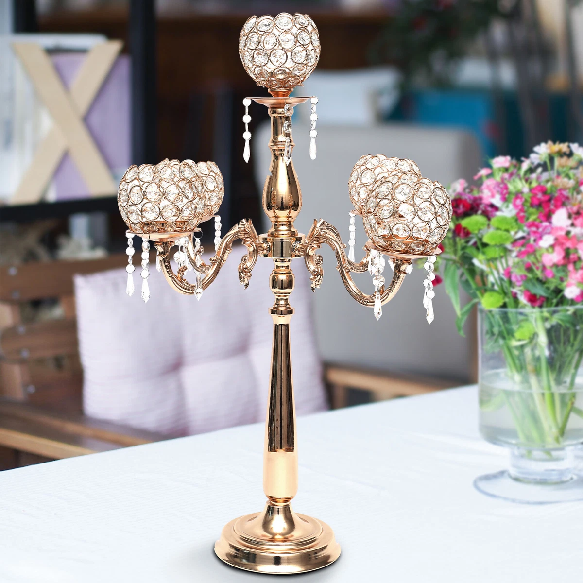 Gold 5 Arms Candelabra Wedding Votive Candle Holder Chandelier