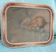 Vintage 30s Baby Boy Curly Hair Print Ornate Frame Heavens Gift Nursery