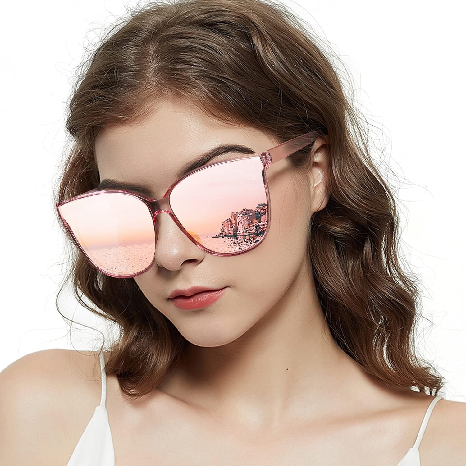 LVIOE A03 Cat-Eye Transparent Pink Frame with Rose Gold Polarized Mirrored Lenses