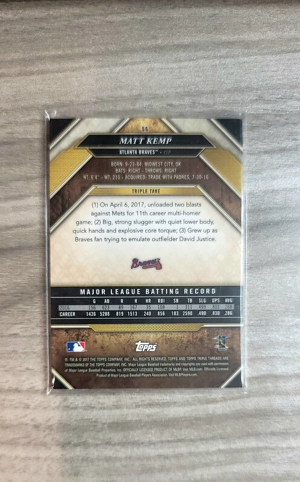 2017 Triple Threads Gold 39/99 (Matt Kemp #56) Atlanta Braves - Image 3 of 3