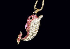 MOTHER'S DAY GIFT PINK WHITE CRYSTAL ENAMEL DOLPHIN CHAIN PENDANT, NEW BOX