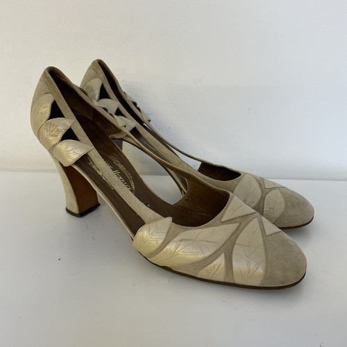 Vernon Humpage Vintage Court Heels Leather Beige Gold Block Heel Italy Size 5.5 - Picture 1 of 13
