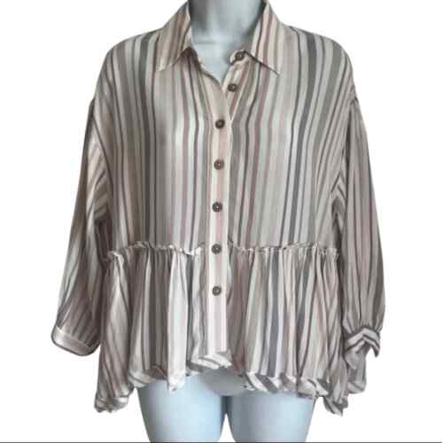 Olivaceous ¾ Sleeve Button Up Pink/Cream Pinstripe Peplum Blouse Top Size S - Picture 1 of 10