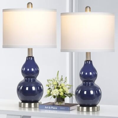 Double Gourd Ceramic Table Lamps Set of 2, Modern Navy Bedside - Main Image