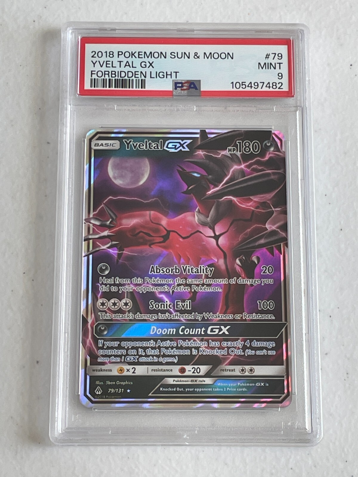 PSA 9 ULTRA RARE Yveltal GX HOLO! MINT 2018 Pokémon Sun&Moon Forbidden Light #79