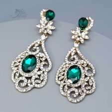 Dangle Chandelier Earrings Women Green Crystal Rhinestone Gold Plated Pageant 02