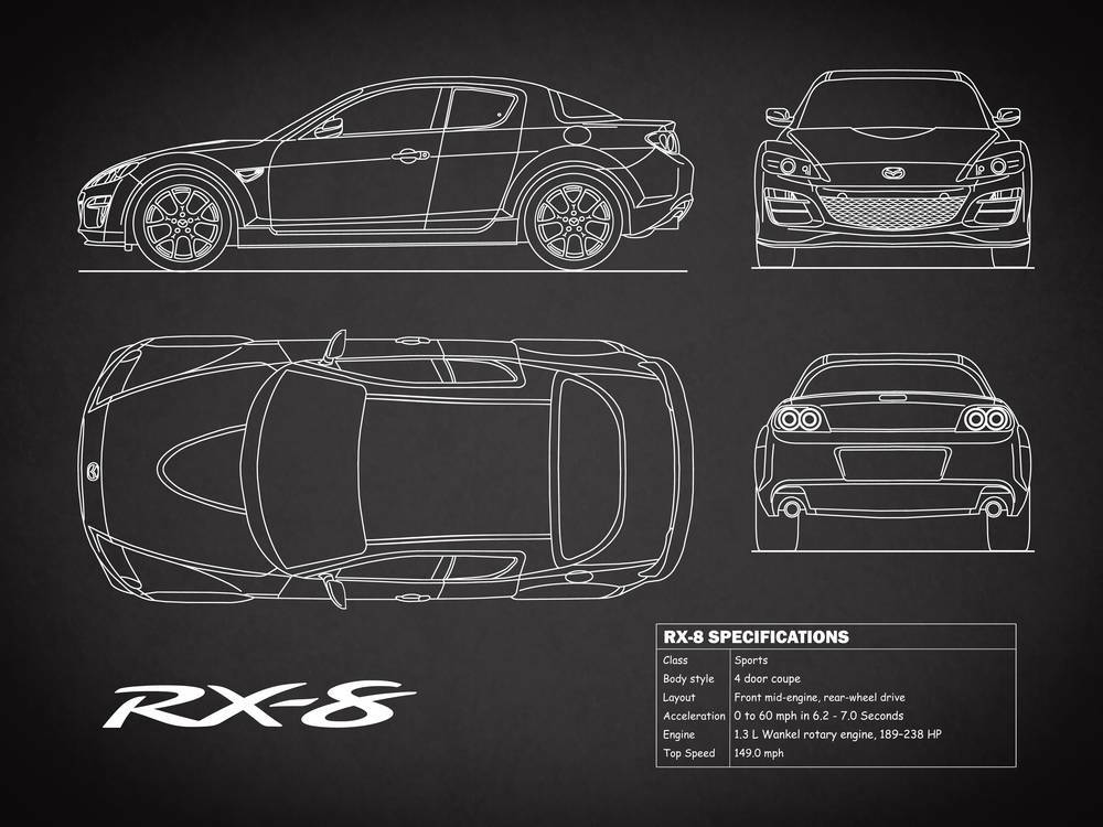Poster - Mazda RX-8 Blueprint, Black Retro Modern Patent, 4 Sizes