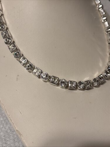 Vintage Monet Tennis Necklace Silver Tone Fishhook Clasp Princess & Circle Cut - Picture 3 of 11