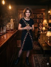 Vintage 90s Beaded Floral Black Knit Dress | Embroidered Cocktail Midi