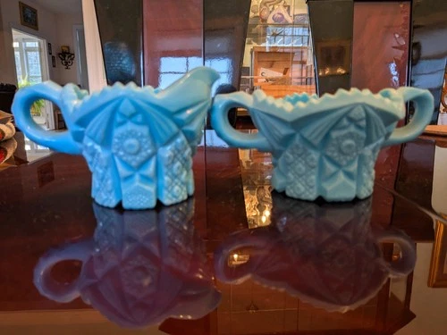 Vintage Blue Milk Glass Cream and Sugar Set Westmoreland Diamond Quilt Design
