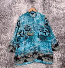 Citron Santa Monica Tunic Top 1X Womens Blue Silk Butterfly Mandarin Blouse