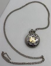 Skeleton Pocket Pocket Watch 47mm Silver Gold Tone With Chain Manual Wind 29"