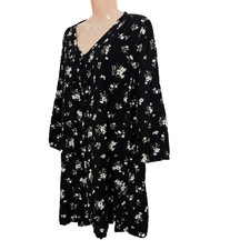 Old Navy Women Size L  A-line Short Dress Black Floral V Neck 3/4 Sleeve