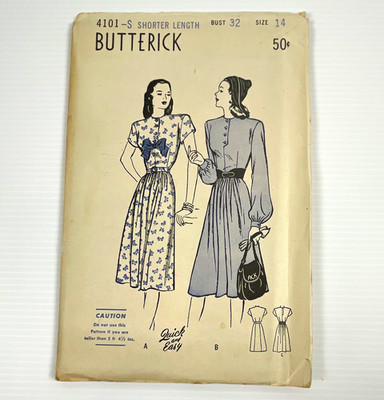 VTG Original 1940s Butterick Sewing Pattern #4101-S One-Piece Dress SZ 14 Uncut