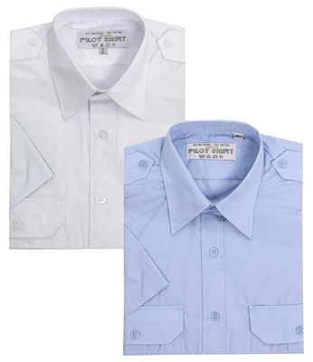 Pilot Shirt Short Long Sleeve Formal Office Security Work Epaulets Pockets Mens - Image 1 of 2