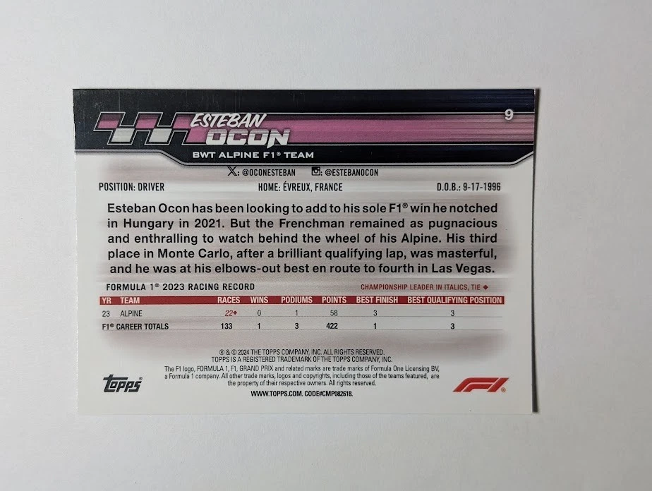 2024 Topps F1 Paddock Pass #9 Esteban Ocon Checker Flag Refractor F1 Formula 1 - Image 2 of 2