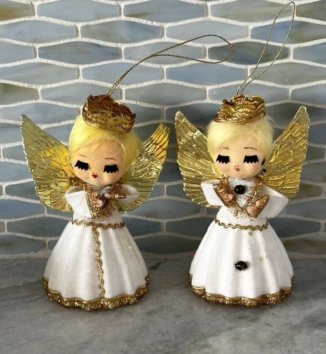 Vintage Foil Wing Christmas Angels Set Of 2 Ornaments Made In Japan White