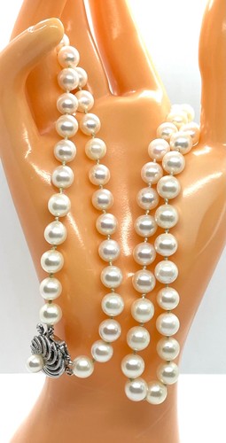 14k White Gold Clasp 8mm Cultured Pearls 8mm 26" long Demei