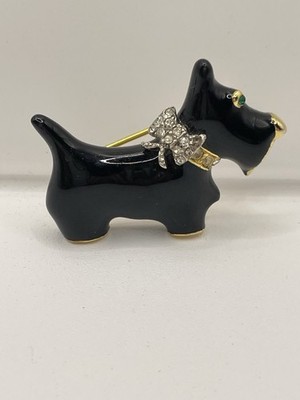 Vintage Black Enamel Scottie Dog Terrier Brooch Pin Rhinestone Bow Collar 