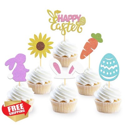24pc Easter Cupcake Toppers Bunny Rabbit Egg Picks Party Decor