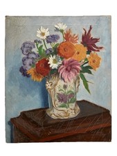 Tableau Ancien Huile sur Toile Nature Morte Bouquet Fleurs Vase Autel Still Life