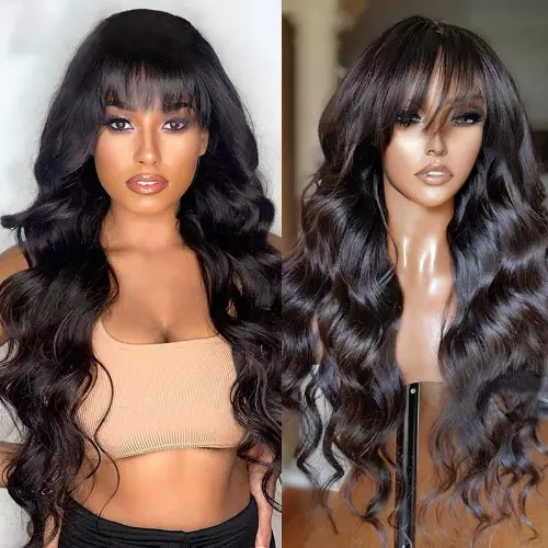 Body Wave Human Hair Wigs with Bangs Glueless 13x4 Lace Frontal Wig Pre Plucked
