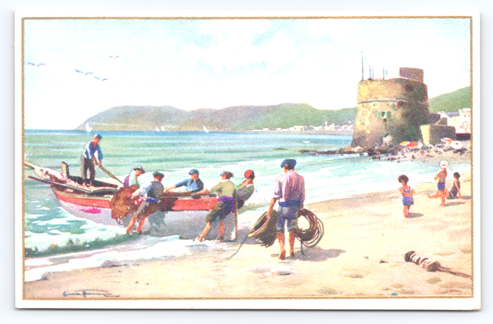 C1940 Alassio Antico Torrione Postal Pescadores Playa Escena Liguria Italia