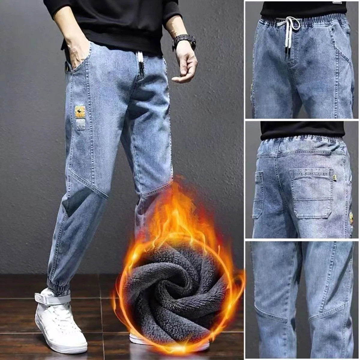 Elastic Waist Jeans Men Fleece-lined Jeans Cozy Plush-lined Men's Jeans  Warm