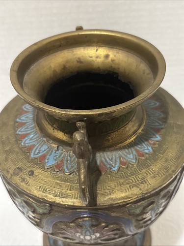 Japanese Champleve Enamel Bronze Dragon Handle Cloisonne Vase 9.5” - Picture 13 of 21