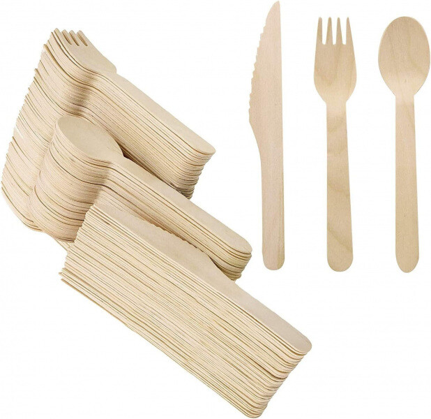 360 Pc Set Birch Wood Cutlery - Knives Forks Spoons Eco Friendly Biodegradable