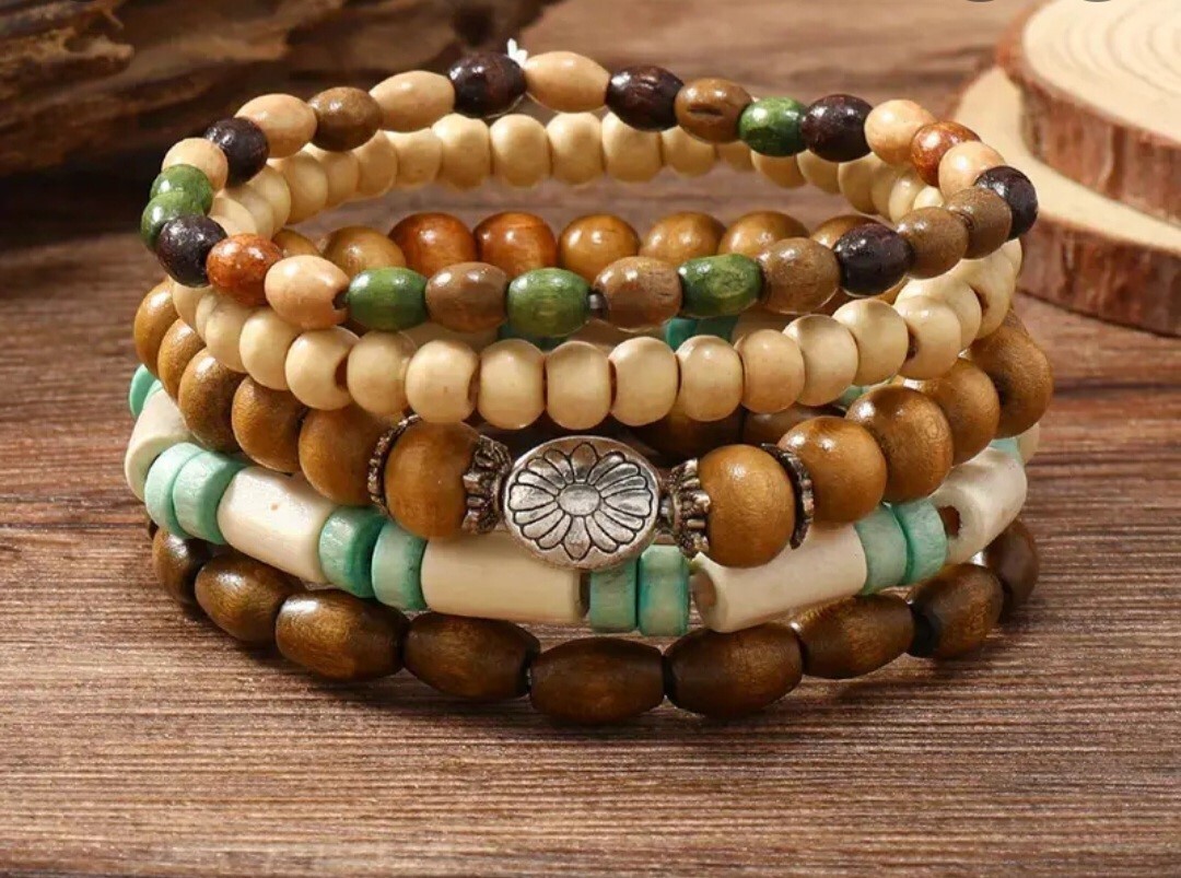 5-Pcs Set Colourful Wooden Bead Stretch Bracelet Handcrafted Jewellery