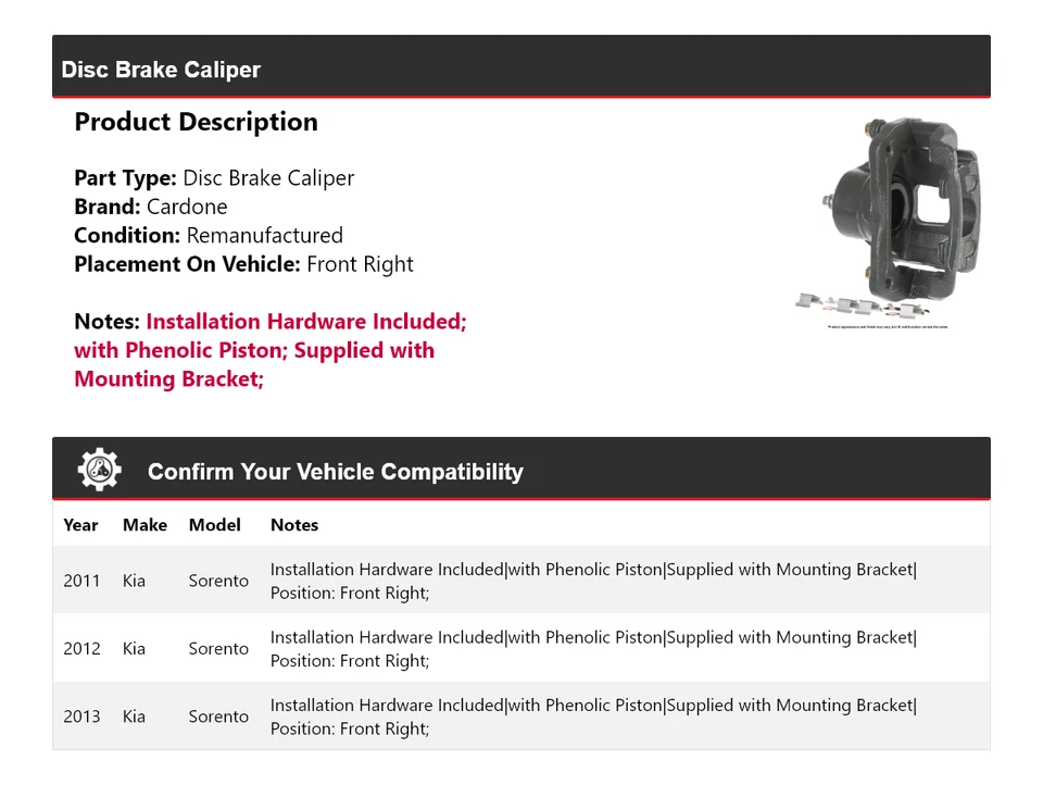 Pinza de freno de disco delantera derecha Cardone 2012 para Kia Sorento 2011-2013 Foto 2 de 4