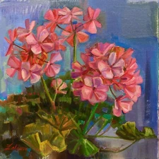  PINK GERANIUMS- Signed Original Oil Floral Fine Art Realism Impressionism 