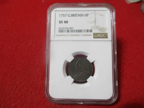 GREAT BRITAIN 1757 Silver 6 Pence King George II NGC XF 40 #T3645