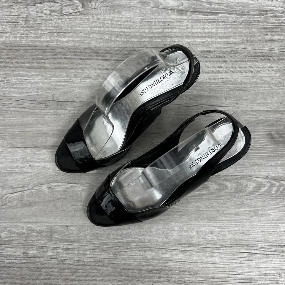 Vintage 90s Worthington Black Patent Leather Slingback Pump Size 8.5 M Peep Toe - Image 2 of 4