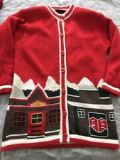 Size 14 Red knitted cardigan with embroidery. Christmas, winter scene 
