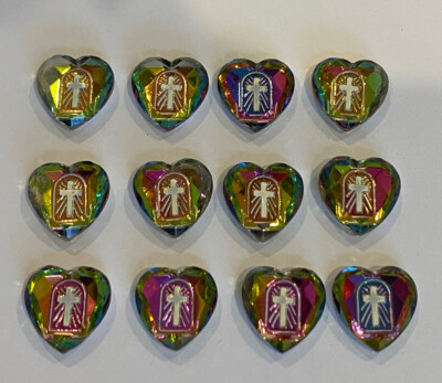15x14MM Vintage German Intaglio Cut Heart W/ Christ/Cross Vitrial Glass-12 pcs
