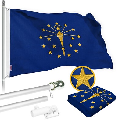 Combo: 5 Ft Flagpole Silver & Indiana Flag 2x3 Ft Embroidered 220GSM Spun Poly