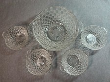 Glass Clear Basket Weave Design Serving Bowl w/ 4 Dessert Bowls