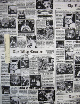 Pet Fabric - Black & White Cat Newspaper Funny Puns - Timeless Treasures YARD