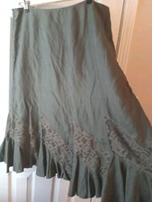 VTG 1990 New West skirt long peasant 100 linen olive green lace ruffle hem 12