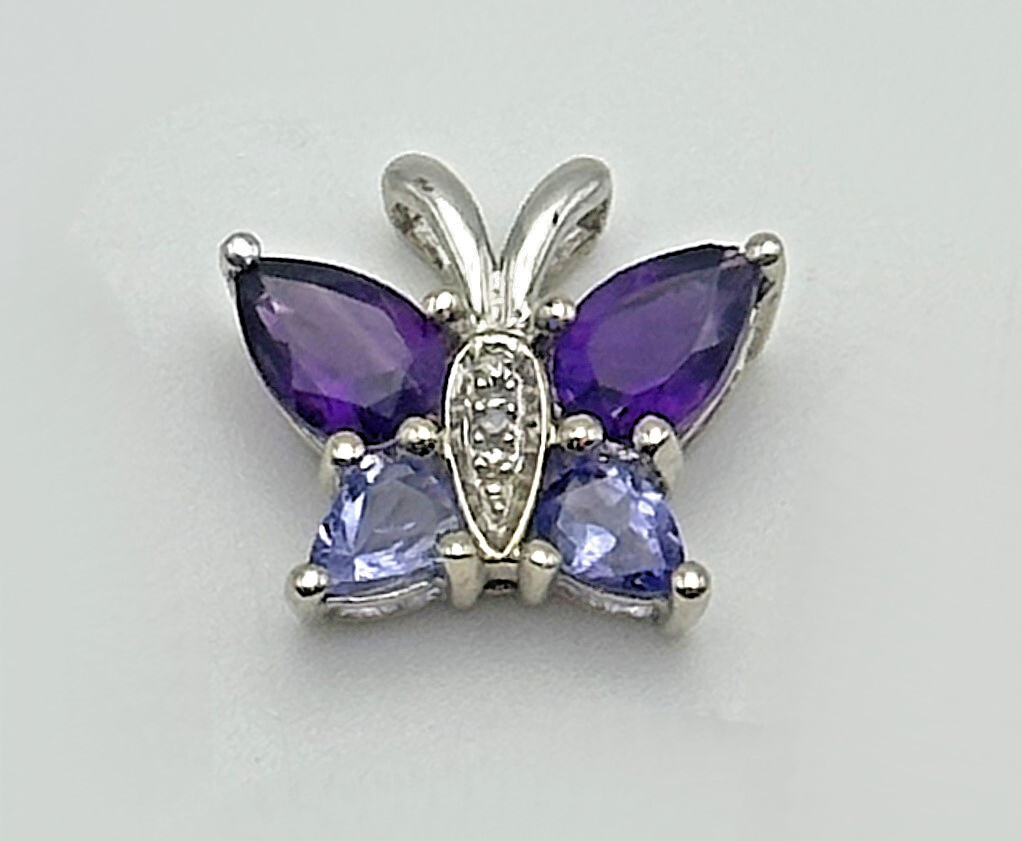 10k White Gold Butterfly Pendant, Amethyst, Tanzanite, of