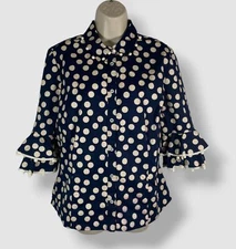 Carolina Herrera Women's Blue Polka Dot Button-Front Ruffled Shirt Top Size 14