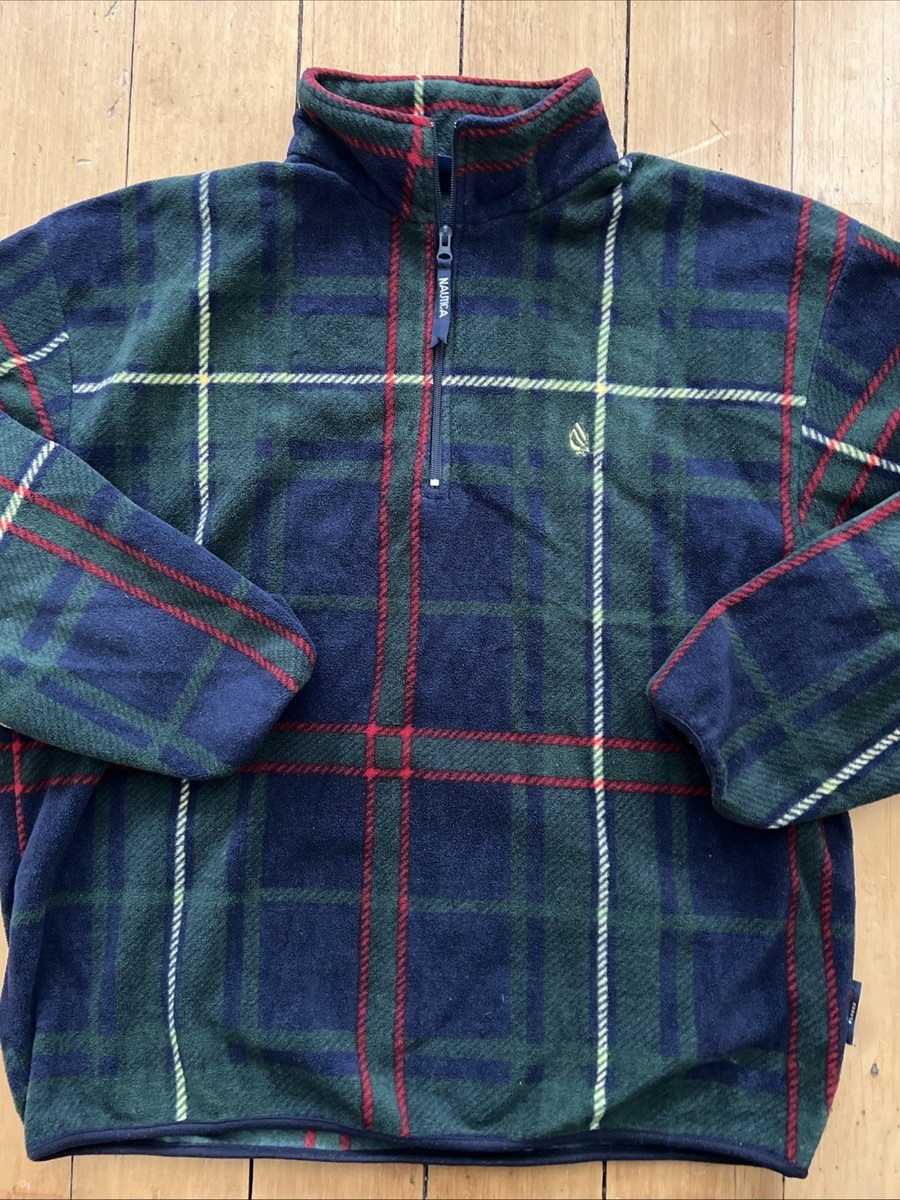 Vintage 90s Nautica Quarter Zip Fleece Sweater Colorblock Plaid