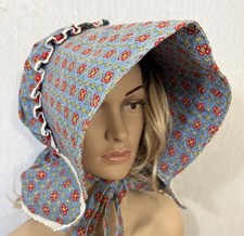 Vtg Prairie Bonnet Hat Historic Costume Blue Red Floral Cottagecore Grannycore