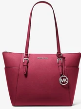 Michael Kors Charlotte Zip Tote In Leather Dark Raspberry New With Tags $448