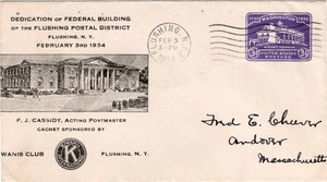 Cacheted cover, Post Office dedication, Flushing, New York, Sanders svcd, 1934