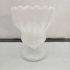 Vintage Milk Glass Ribbed Scalloped 5 1/2” Pedestal Footed Vase Planter