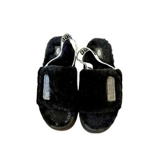 UGG Fluff Yeah Slippers 10 Black Fuzzy Sandal Logo Strap Cozy Glam READ - EUC